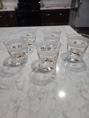Vintage 5 MCM Libby Gold Foliage Rock Glass 1950s 22 K Gold Leaf Drinking